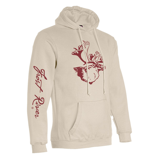 Angled view of a creme Frost River hoodie with a red Henry the caribou graphic on the chest and Frost River script on the sleeve.