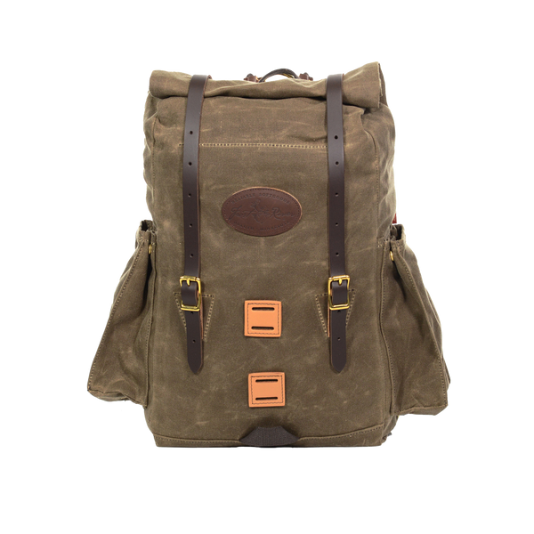 Waxed canvas backpack with leather straps and lash squares
