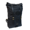 Front view of Heritage black version of backpack fully packed to show expansion capabilities waxed canvas with black leather straps 