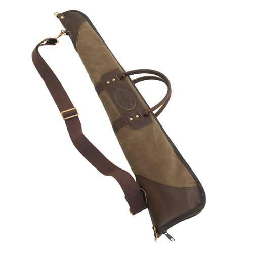 This classic style gun case comes with a shoulder strap and rolled leather handles. Made in the USA.