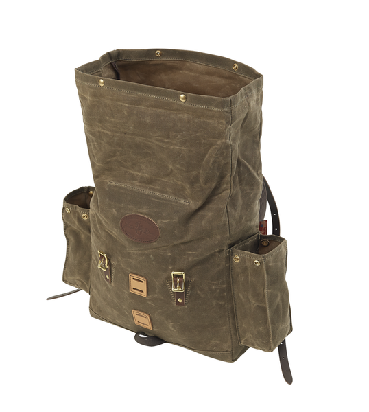 View of open compartments with brass snaps for extra security.  This pack comes in two width sizes.  A twelve inch and a fifteen inch version.