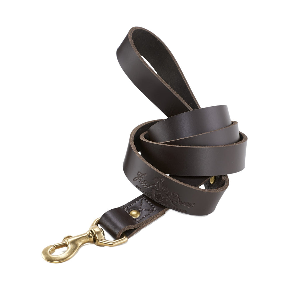 The dog leash comes in two variations.  One is made with premium leather and solid brass, and the other is made from webbed cotton and solid brass.