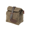 The standard lunch bag has a leather strap that is laced through a riveted leather slip patch to secure.