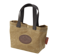The lunch tote is made with webbed cotton handles and has a solid brass snap to secure the opening.