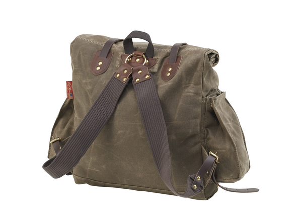 Back view of backpack with solid brass buckles and rivets to ensure a durable and strong shoulder straps handmade in the USA.