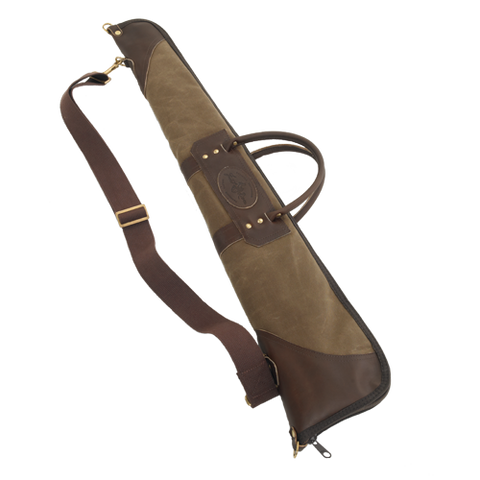 This classic style gun case comes with a shoulder strap and rolled leather handles.  Made in the USA.