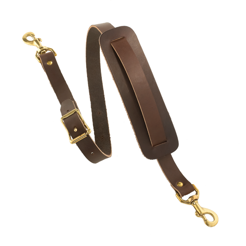 Leather shoulder straps are available in two widths and come with a leather shoulder pad.  Made from premium leather and solid brass.