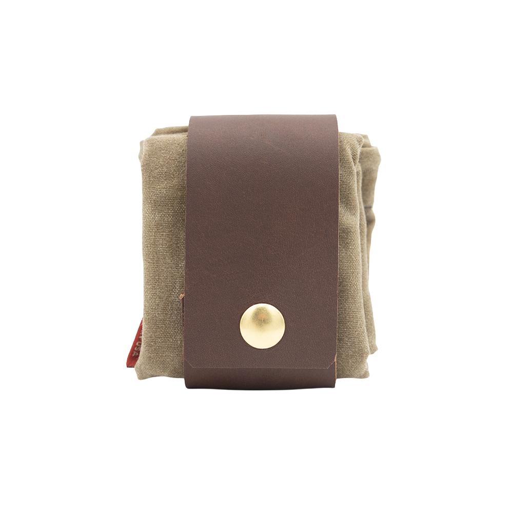 Expandable waxed canvas and leather belt pouch designed for foraging