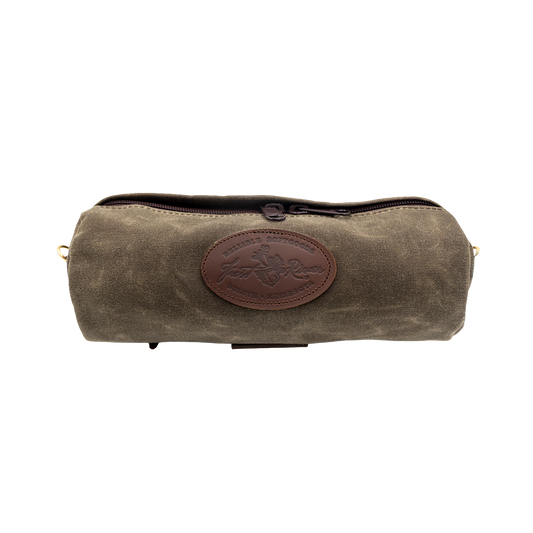 Cylinder shaped field tan waxed canvas handlebar bag