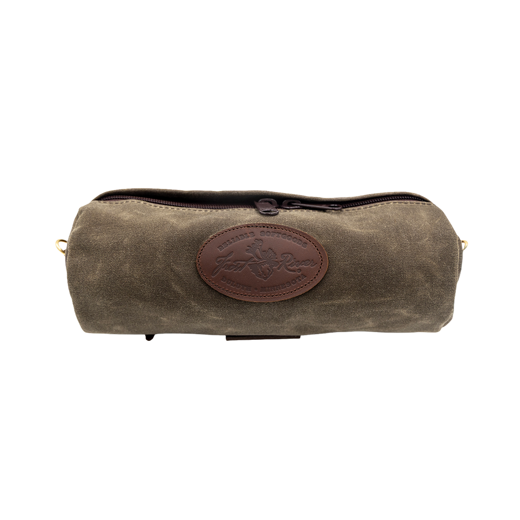 Cylinder shaped field tan waxed canvas handlebar bag