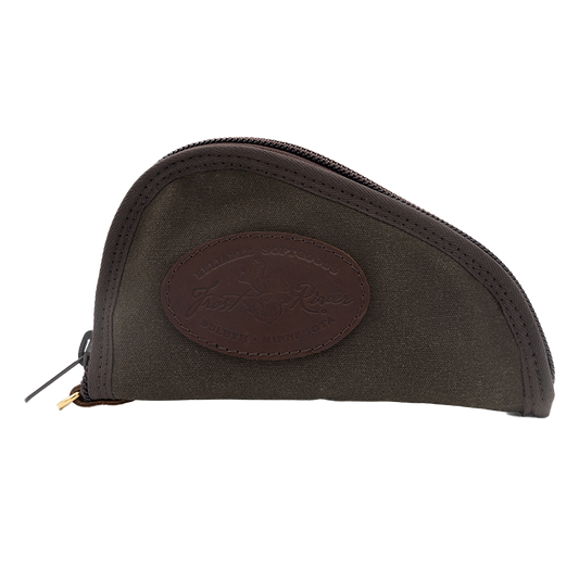 A waxed canvas clam shaped pistol case.