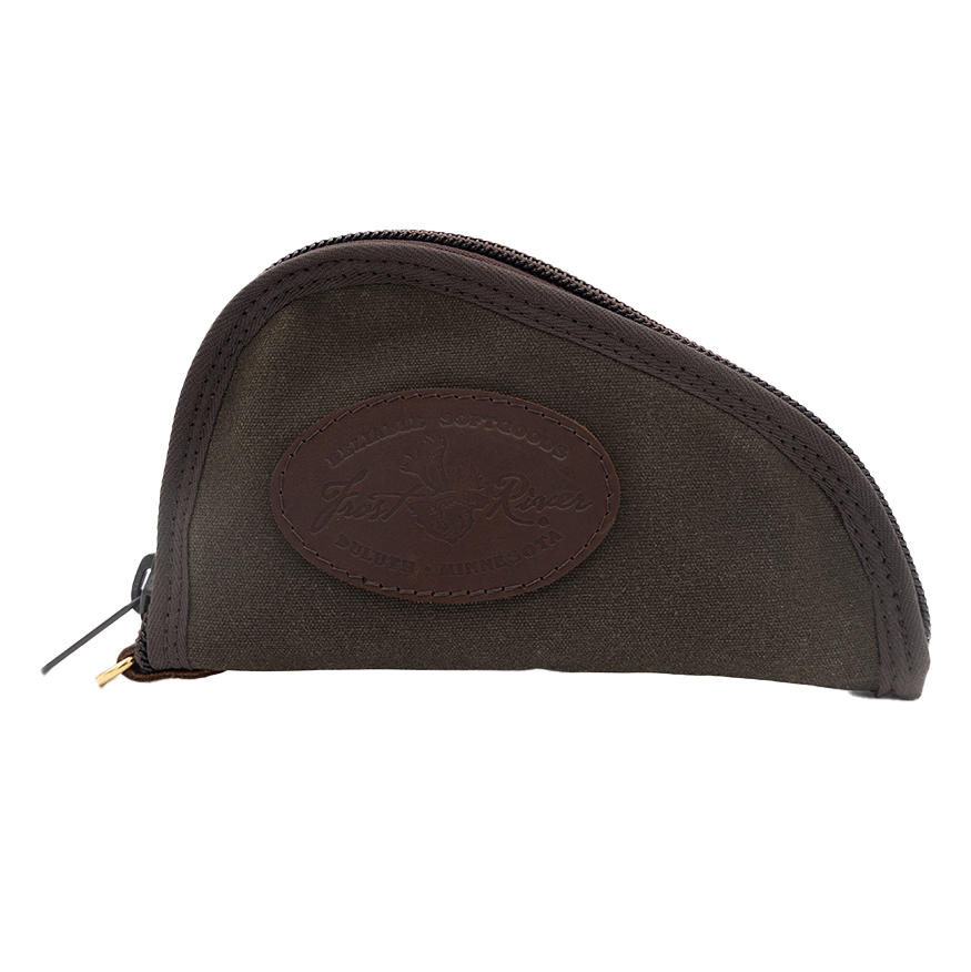 A waxed canvas clam shaped pistol case.