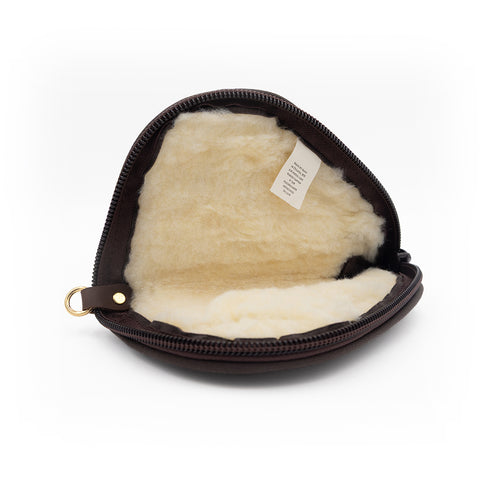 Open waxed canvas pistol case showing off sherpa lining