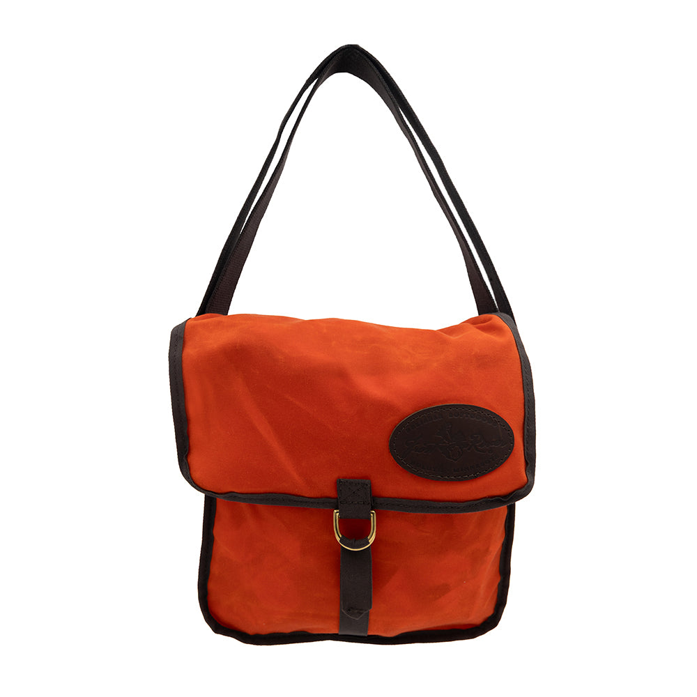 A hunter orange messenger bag made from 10 ounce waxed canvas, cotton web, and solid brass