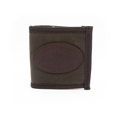 Handcrafted waxed canvas bifold fly wallet folded shut