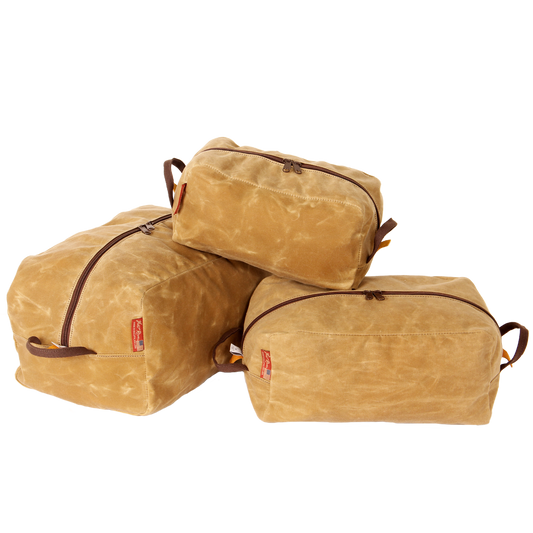 Three travel organizer bags that are made from 10.10 ounce waxed canvas. 