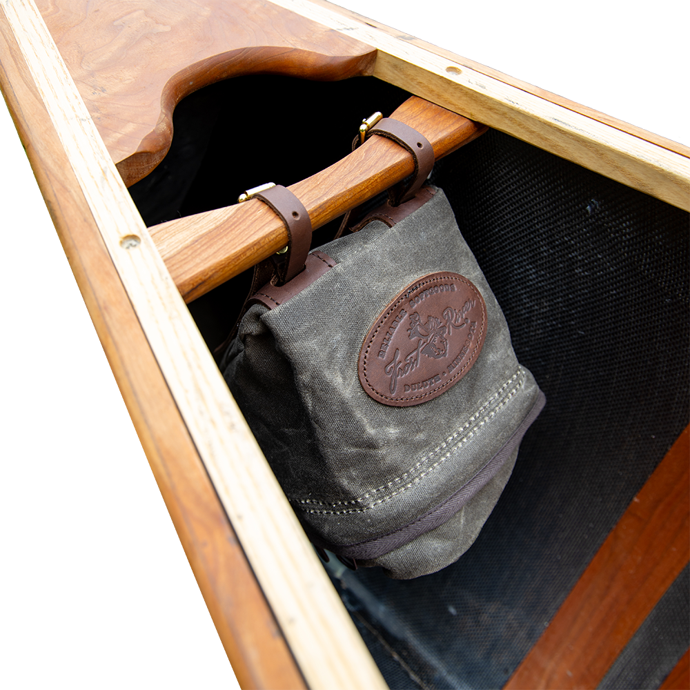 A waxed canvas and leather canoe Bow Bag made in Minnesota by Frost River