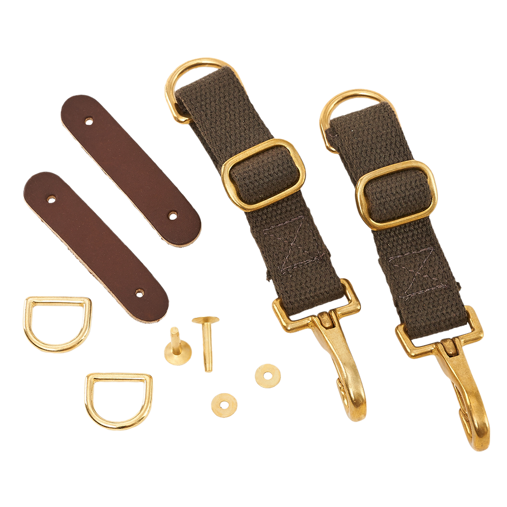 The attachment kit for Frost River's Palisade Portage Pack made of solid brass, full-grain leather, and cotton web. 