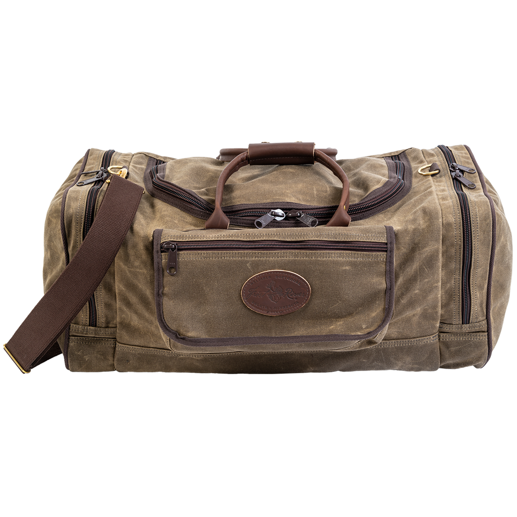 Frost River's largest waxed canvas and leather duffel bag that multiple exterior pockets for the best organization possibilities. 
