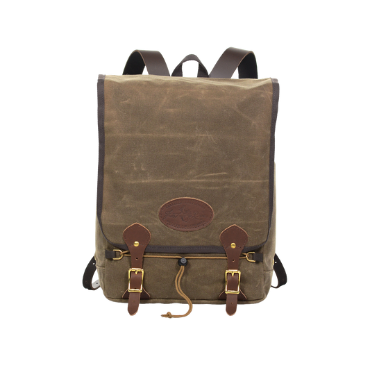 Waxed canvas backpack made with durable materials with a secure large flap closure.