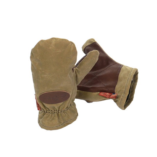 Made with durable waxed canvas, lined with fleece, and an extra layer of brown buckskin on the palms to prevent wear.