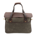 A field tan waxed canvas and brown leather briefcase crafted in the United States. 