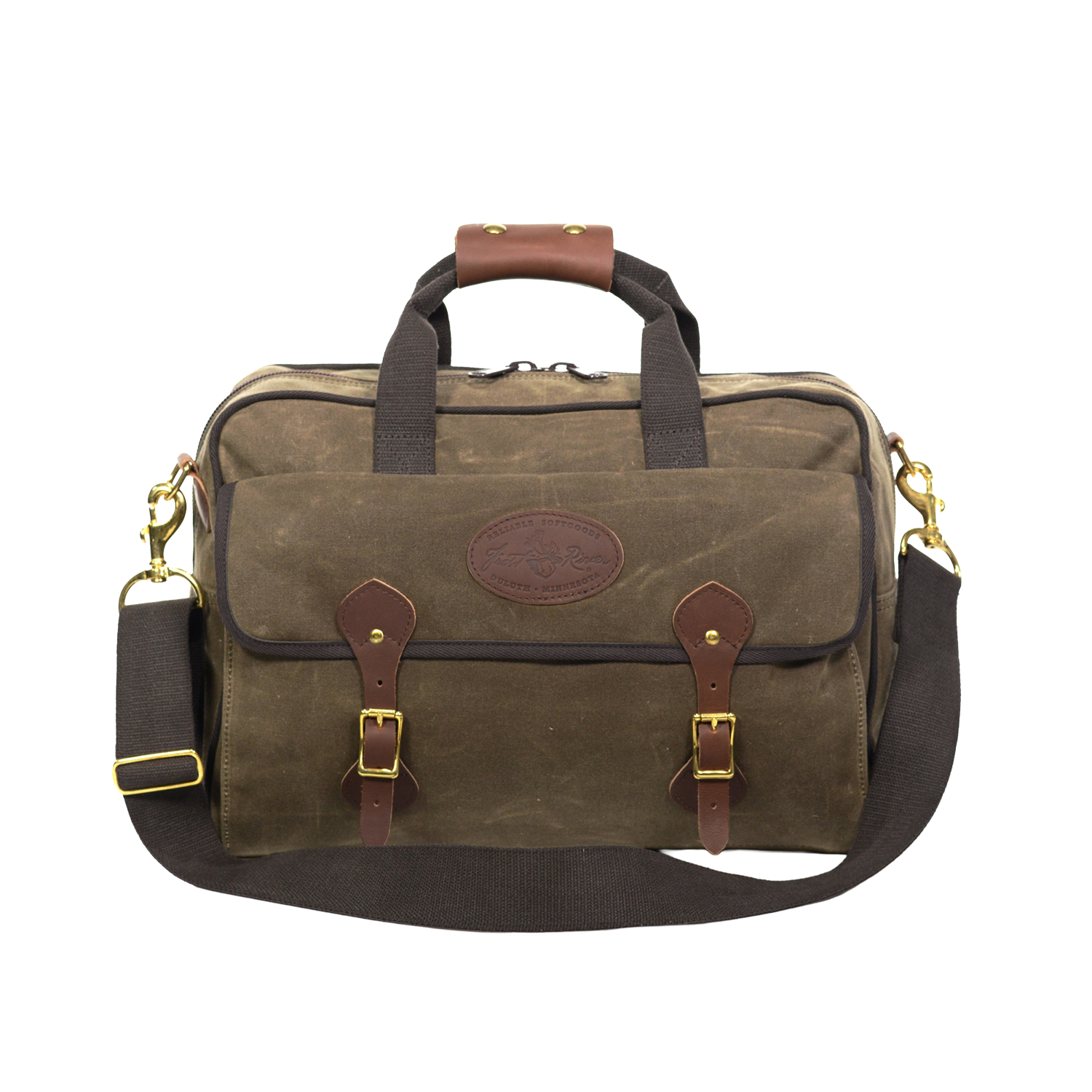 Handcrafted brief bag with heavy duty webbed cotton carrying straps with a leather handle for extra comfort.
