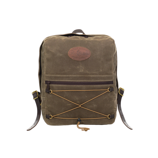 The Itinerant Daypack made out of our forrest green waxed canvas has a small zippered pocket in the front. On front of that pocket is same colored cord  in a hourglass shape for additional storage.