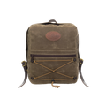 The Itinerant Daypack made out of our forrest green waxed canvas has a small zippered pocket in the front. On front of that pocket is same colored cord  in a hourglass shape for additional storage.