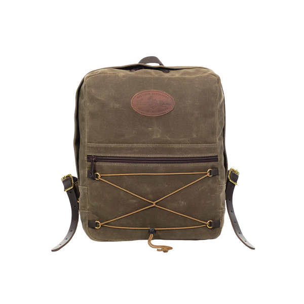 The Itinerant Daypack made out of our forrest green waxed canvas has a small zippered pocket in the front. On front of that pocket is same colored cord  in a hourglass shape for additional storage.