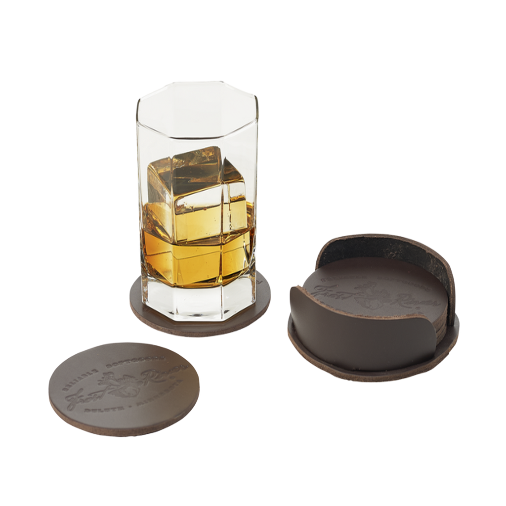 A set of premium leather coasters made in the USA.