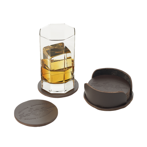 A set of premium leather coasters made in the USA.