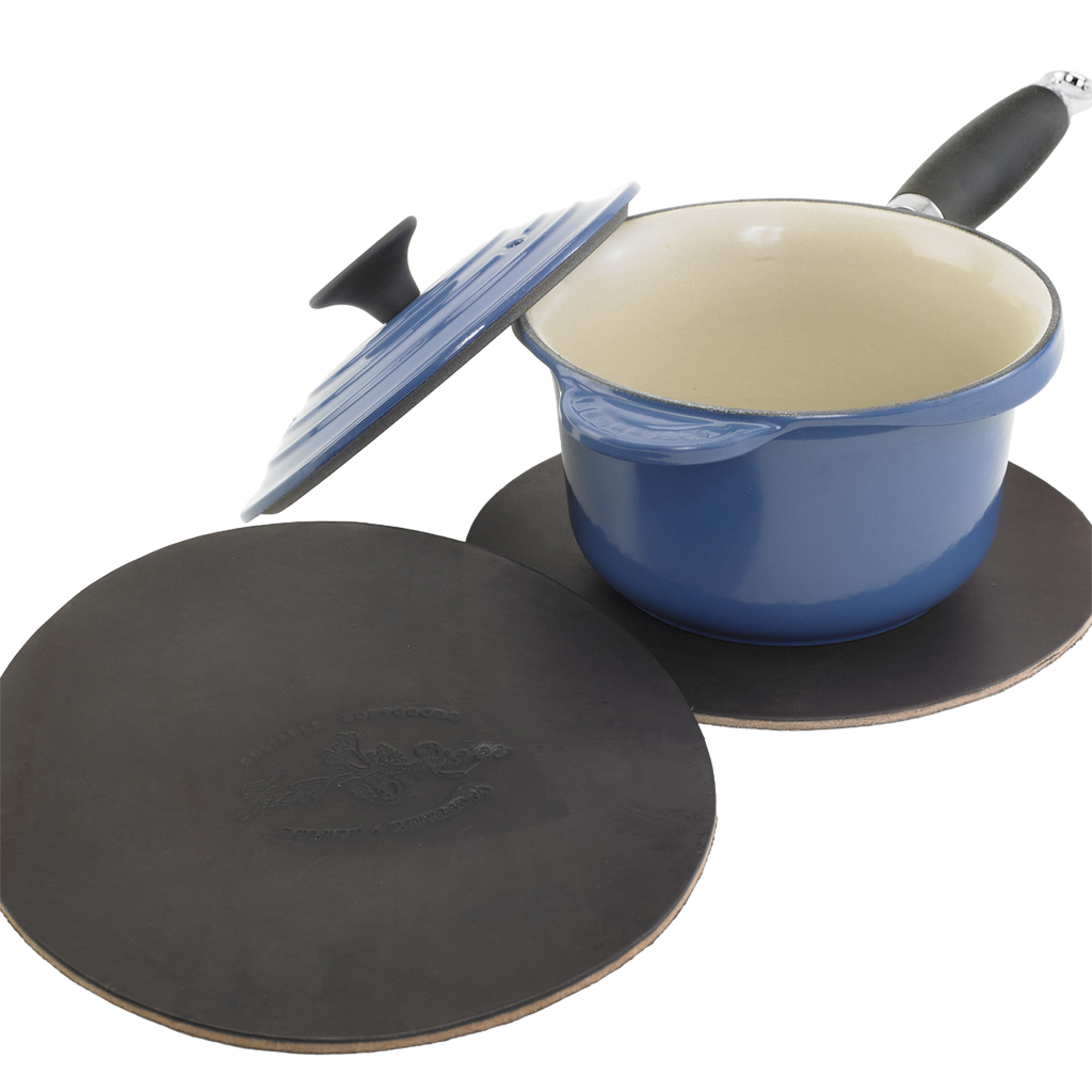 A great premium leather trivet made to protect counter tops from hot pans.
