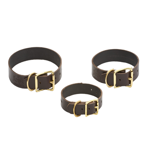 Handcrafted dog collar made with premium leather and solid brass, and available in four sizes.