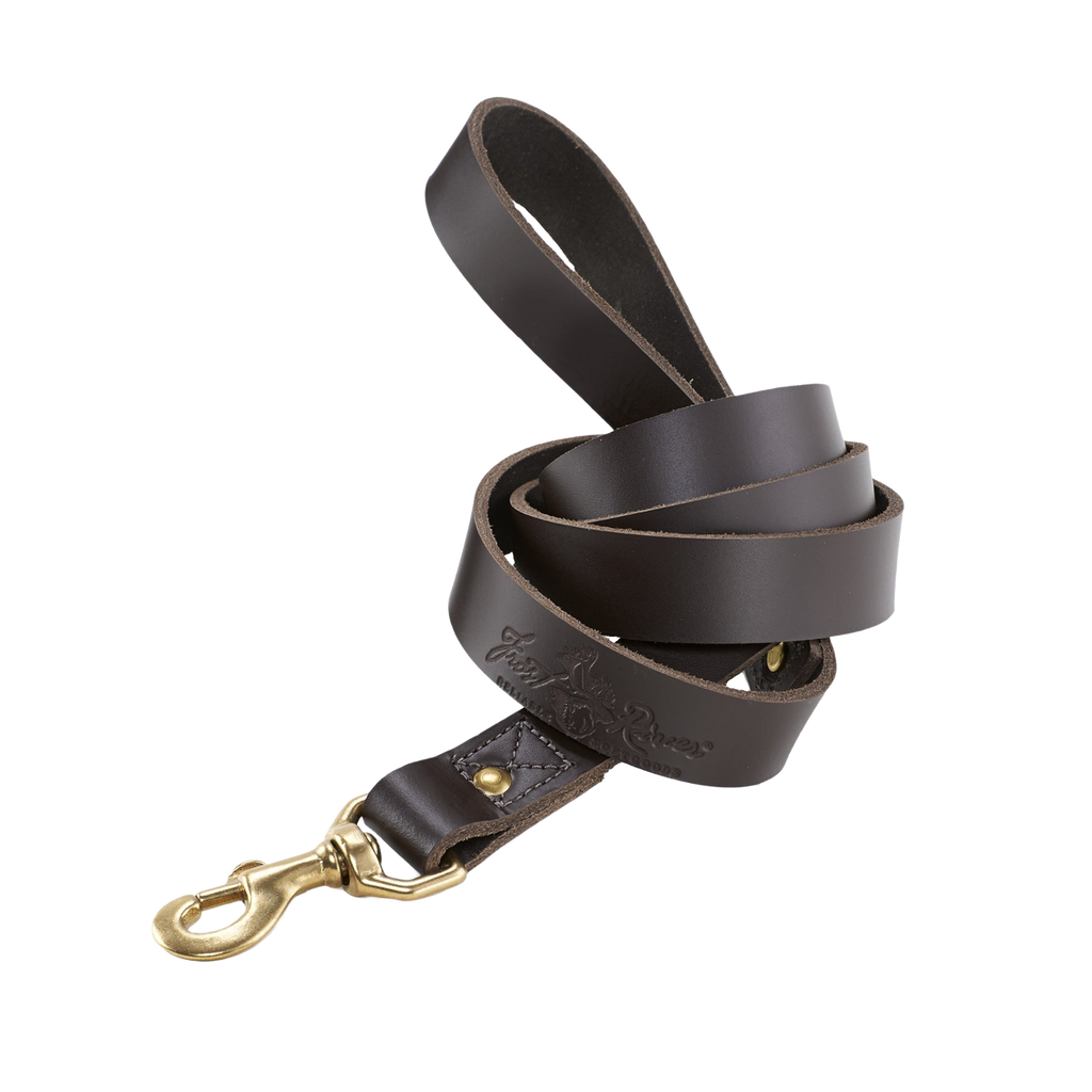 The dog leash comes in two variations.  One is made with premium leather and solid brass, and the other is made from webbed cotton and solid brass.