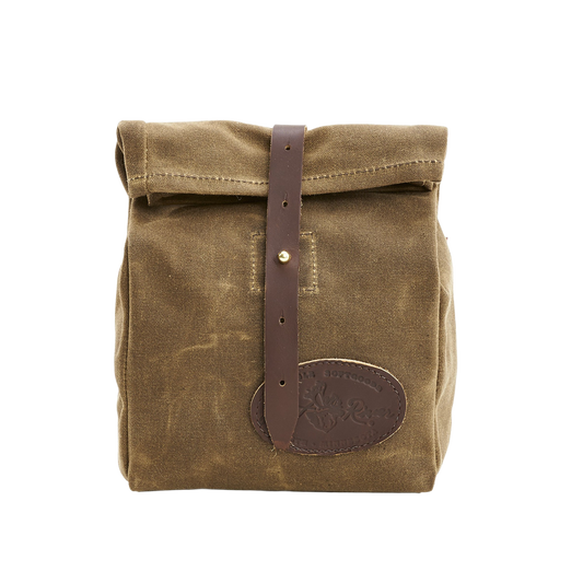 Classic lunch bag made from durable water resistant waxed canvas, premium leather, and solid brass.