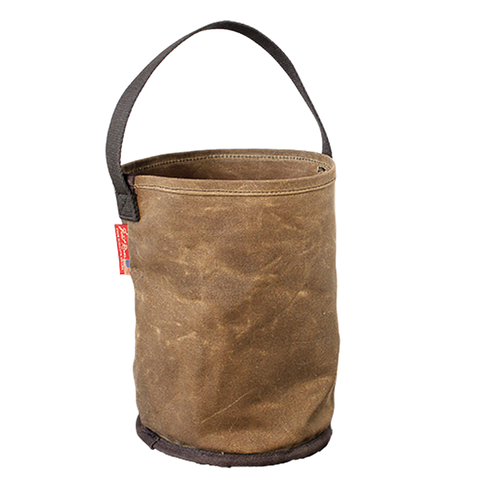 A brown waxed canvas bucket-style bag with a dark gray handle.