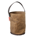 A brown waxed canvas bucket-style bag with a dark gray handle.