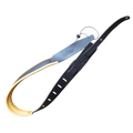 A black leather guitar strap with padded lining. 