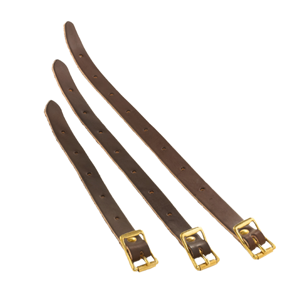 Three brown leather shoulder strap extensions with gold metal buckles.