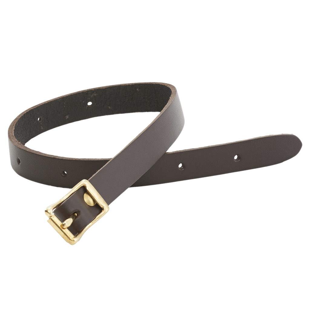 A full-grain bedroll strap with a solid brass buckle. 