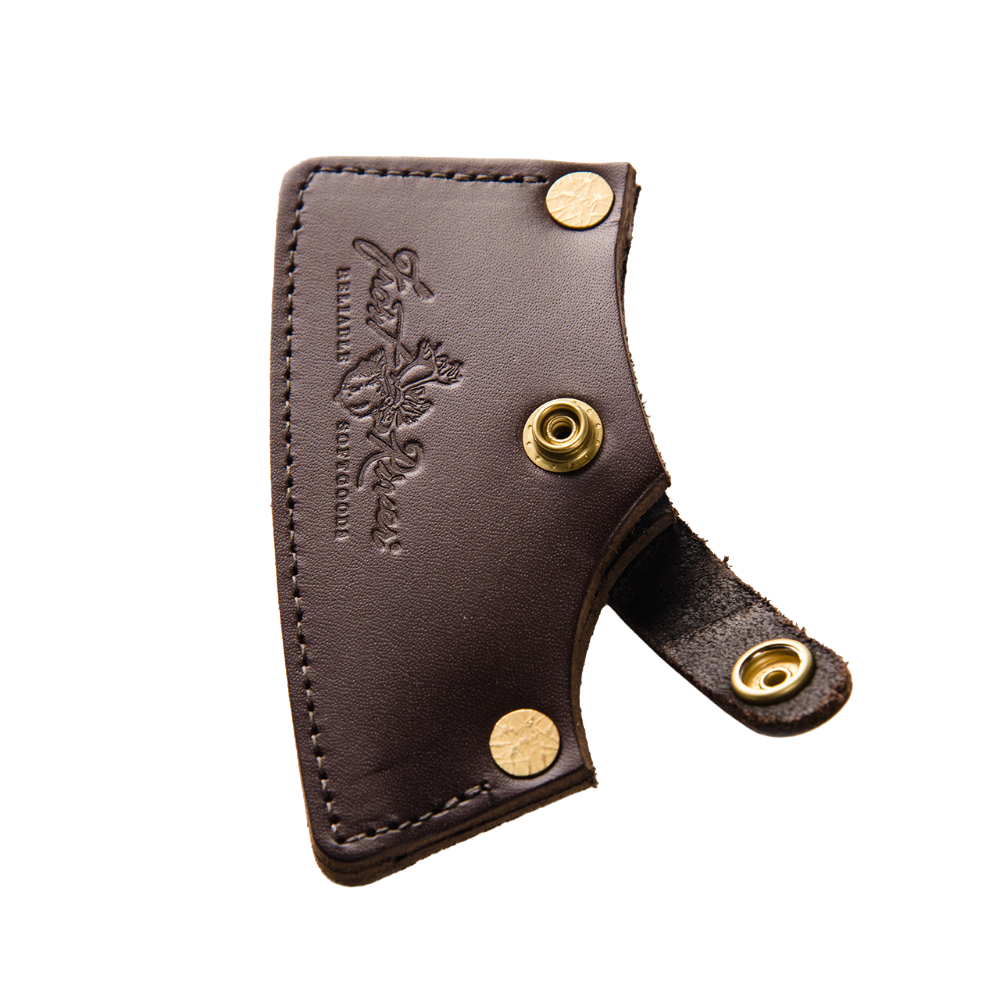 A brown leather axe sheath with solid brass rivets and snaps. 