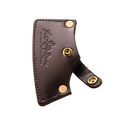 A brown leather axe sheath with solid brass rivets and snaps. 