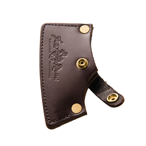 A brown leather axe sheath with solid brass rivets and snaps. 