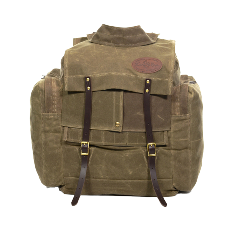 A large waxed canvas and leather canoe pack made in Minnesota. 