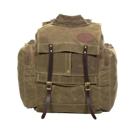 A large waxed canvas and leather canoe pack made in Minnesota. 