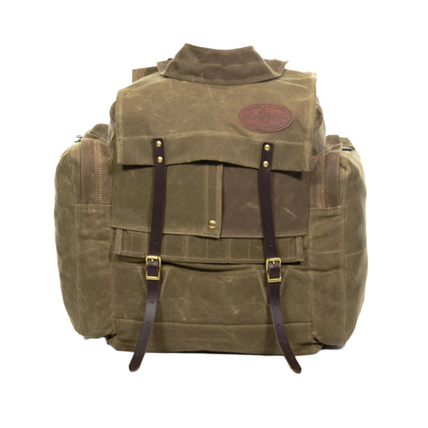 A large waxed canvas and leather canoe pack made in Minnesota. 