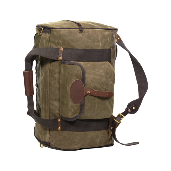 A waxed canvas and leather duffel bag that has back straps attached and a sleeve they tuck into when not in use. 