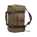 A waxed canvas and leather duffel bag that has back straps attached and a sleeve they tuck into when not in use. 