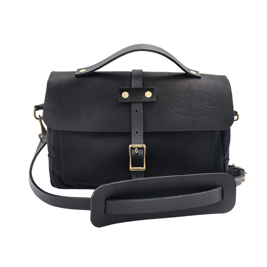 Black leather and waxed canvas briefcase shoulder bag. 